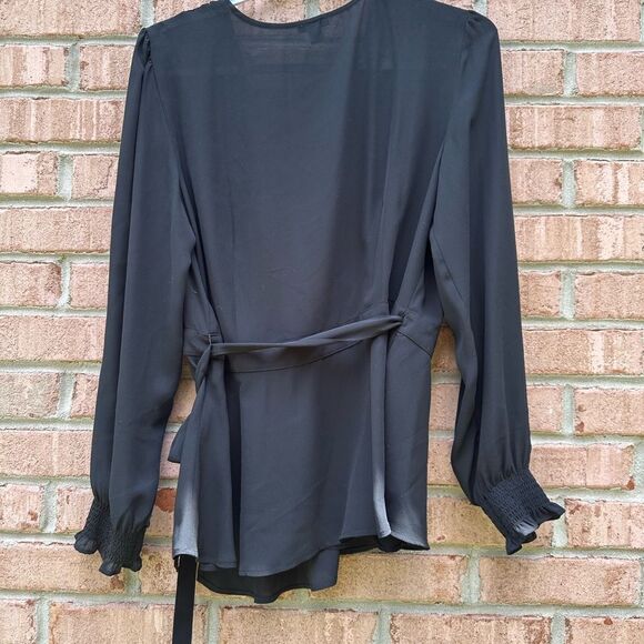 Ann Taylor Sheer Black Wrap Tie Front Blouse - Picture 5 of 8